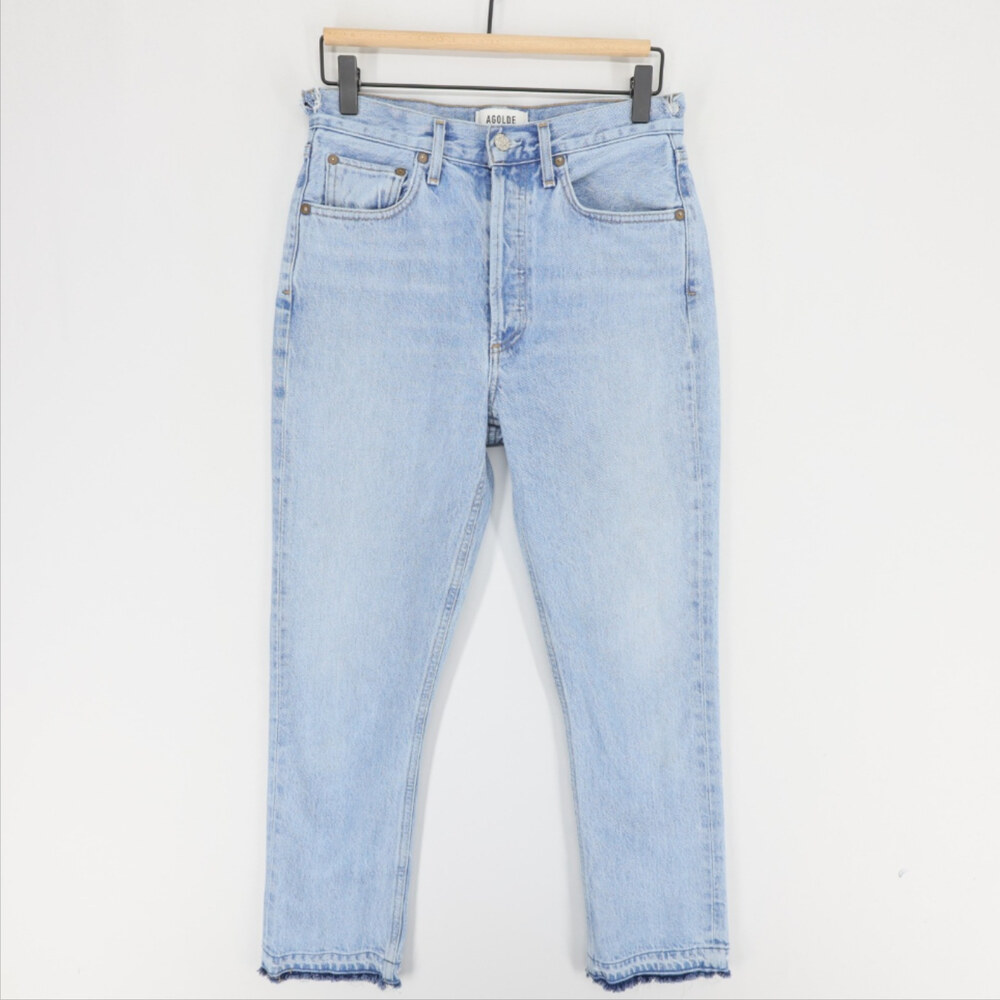 AGOLDE Riley Jeans Womens 26 Blue High Rise Straight Leg Crop Frayed Hem Button